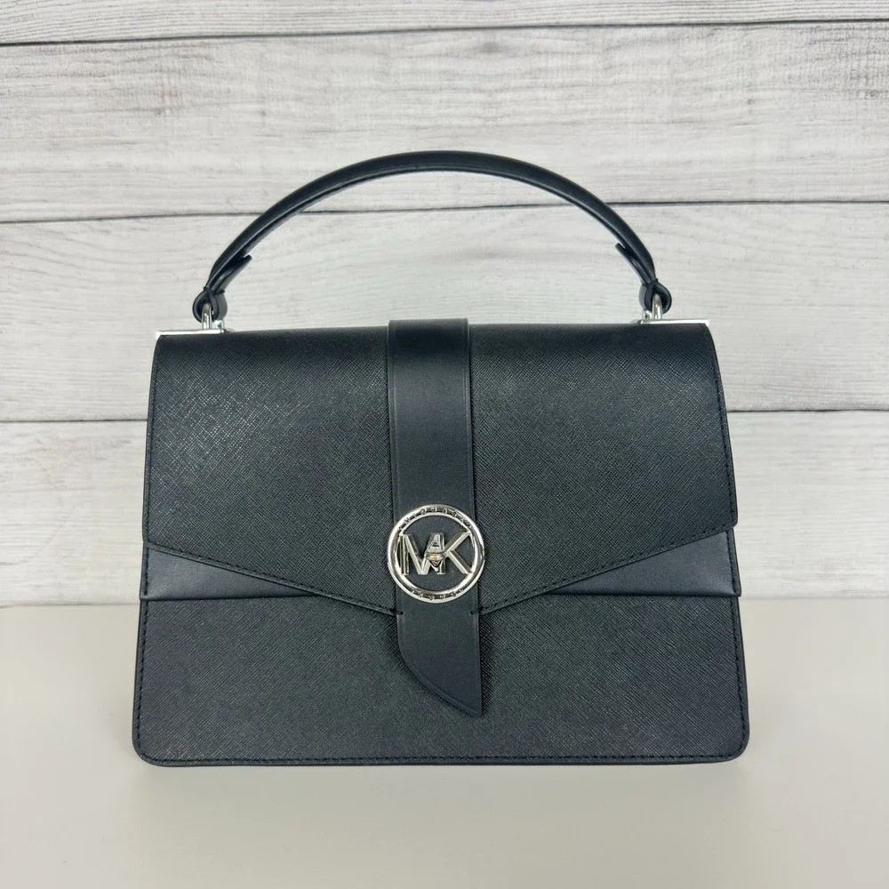 Michael Kors Greenwich Medium Black Saffiano Leather Satchel Purse Handbag ONLY